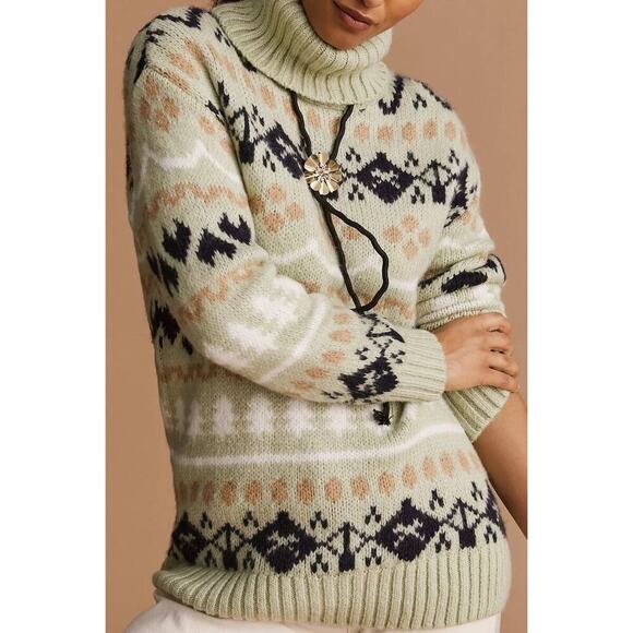 NWT Anthropologie Green Fair Isle Turtleneck Oversized Winter Holiday Sweater S - Picture 2 of 14